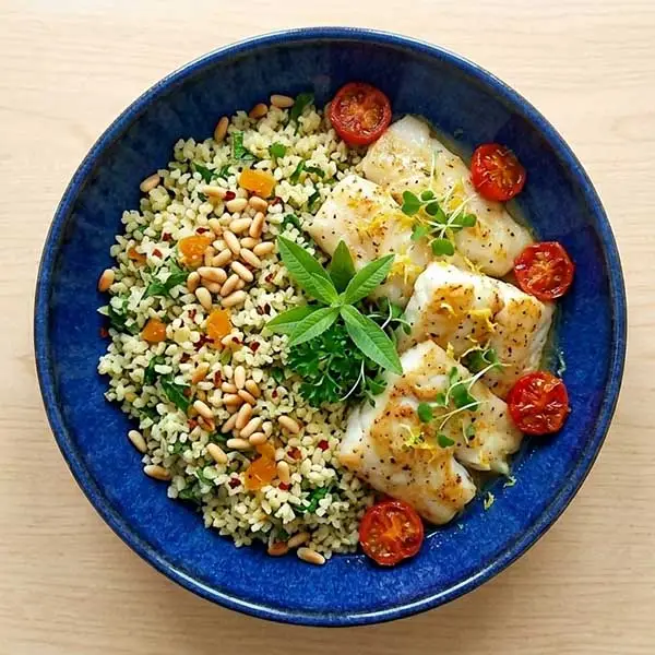 Lemon Garlic Fish with Herbed Bulgur Pilaf
